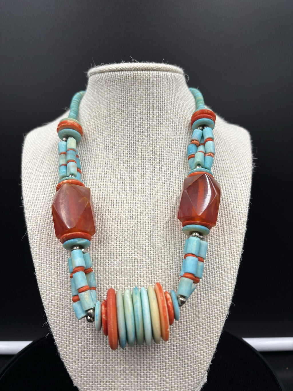 Vintage Tribal Necklace Red Resin & Turquoise Beads Statement Jewelry