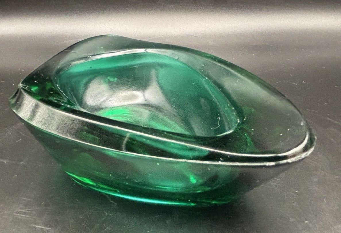 Vintage Emerald Green Art Glass Ashtray Dish Mid Century Modern Heavy