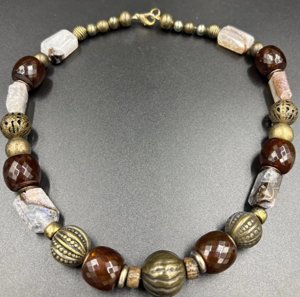 Vintage Natural Agate Beaded Necklace Artisan Statement Earthy Brass Tone