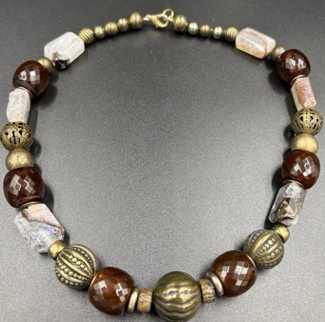 Vintage Natural Agate Beaded Necklace Artisan Statement Earthy Brass Tone