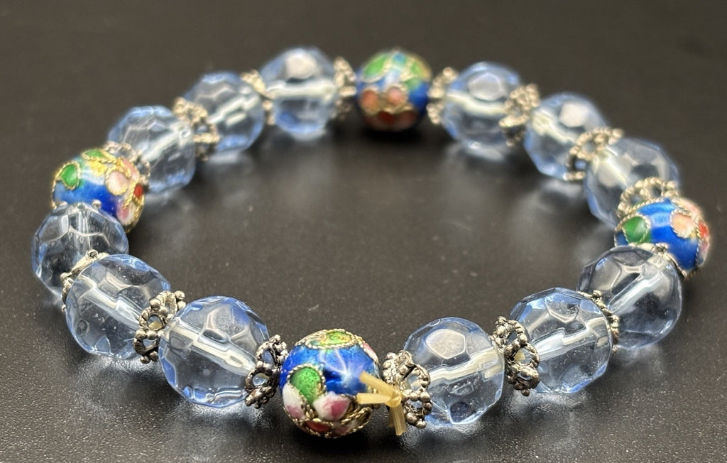 Vintage Blue Glass Bead Necklace Cloisonne Bracelet Set Faceted Czech Style