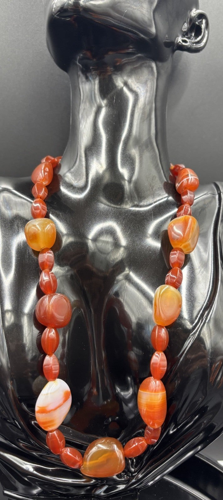 Vintage Banded Carnelian Bead Necklace Warm Tones Polished Statement