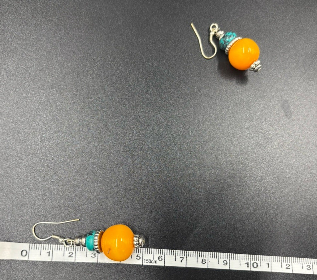 Vintage Boho Dangle Earrings – Faux Amber & Turquoise Beads, Tribal Silver Tone