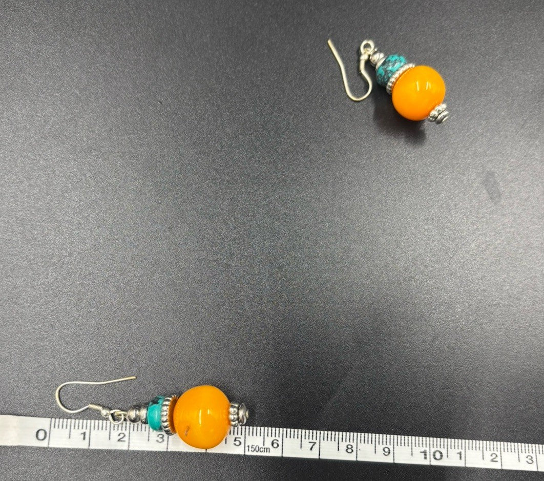 Vintage Boho Dangle Earrings – Faux Amber & Turquoise Beads, Tribal Silver Tone
