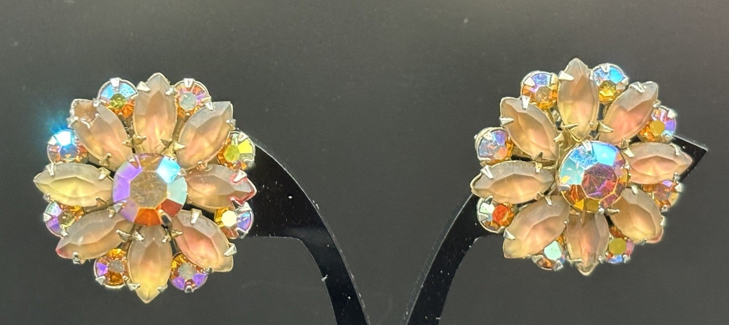 Vintage Coro Clip On Earrings Aurora Borealis Rhinestone Frosted Glass Floral