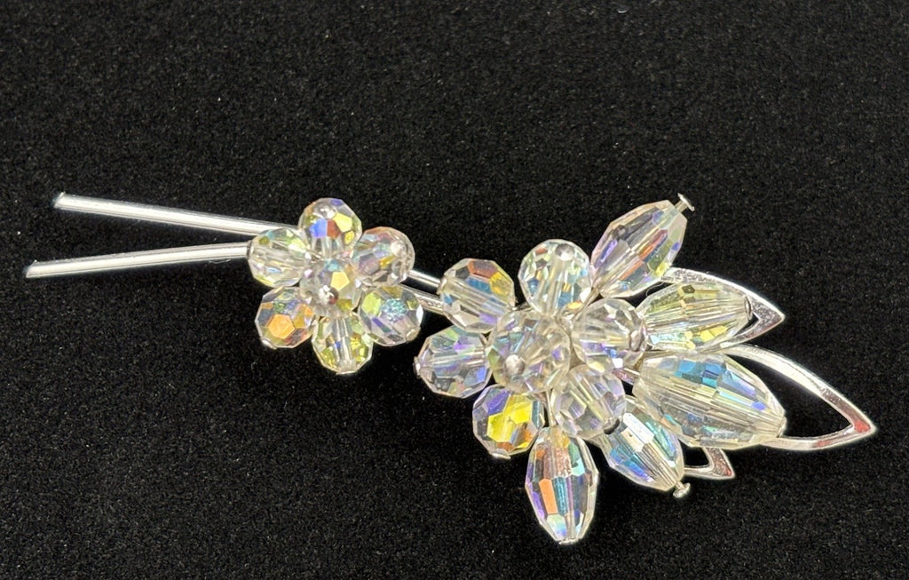 Aurora Borealis Glass Clear Crystal Brooch Flowers Gold Tone  Silver Tone