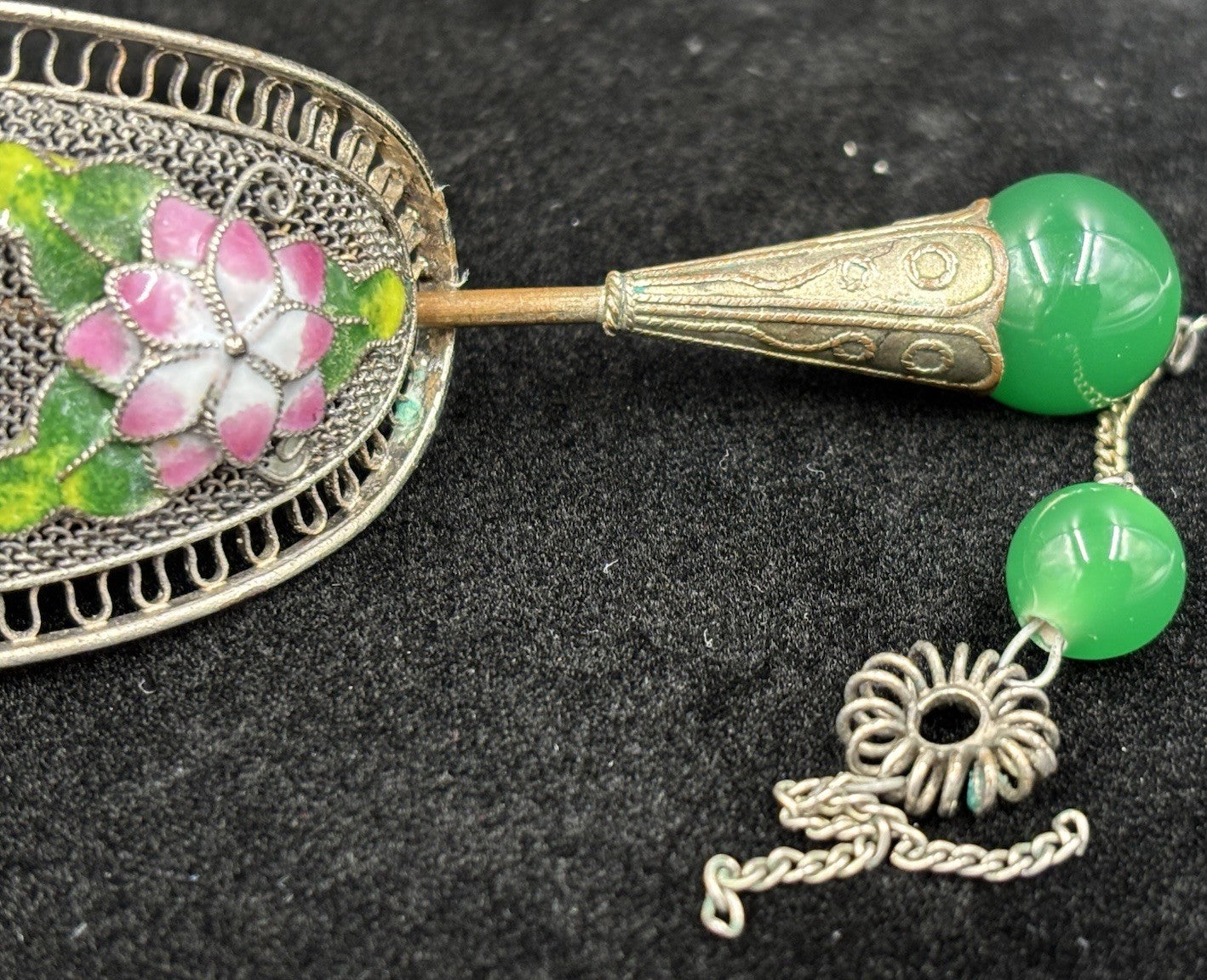 Vintage Chinese Filigree Enamel Hairpin Green Peking Glass Cabochon Beads
