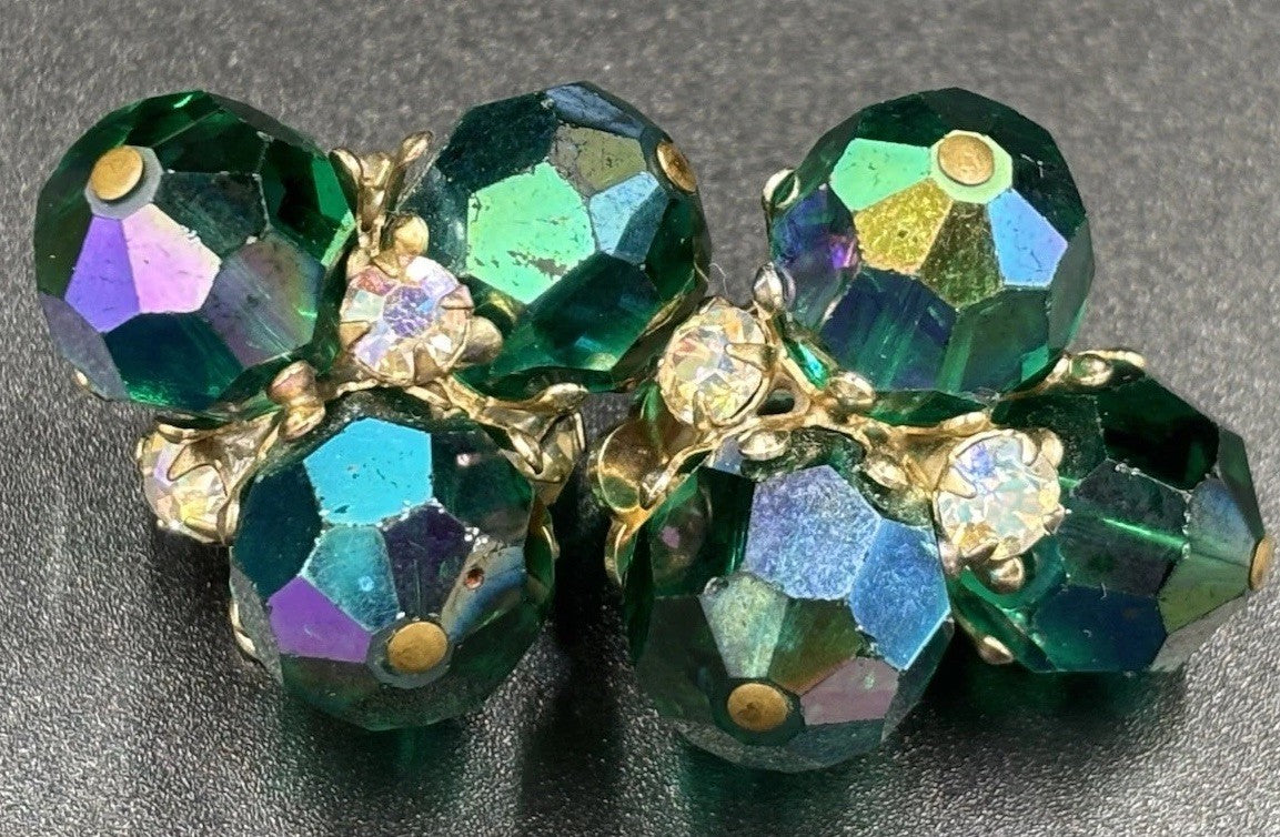 Vintage Vogue Karu Arke Emerald Green AB Crystal Cluster Clip-On Earrings Signed