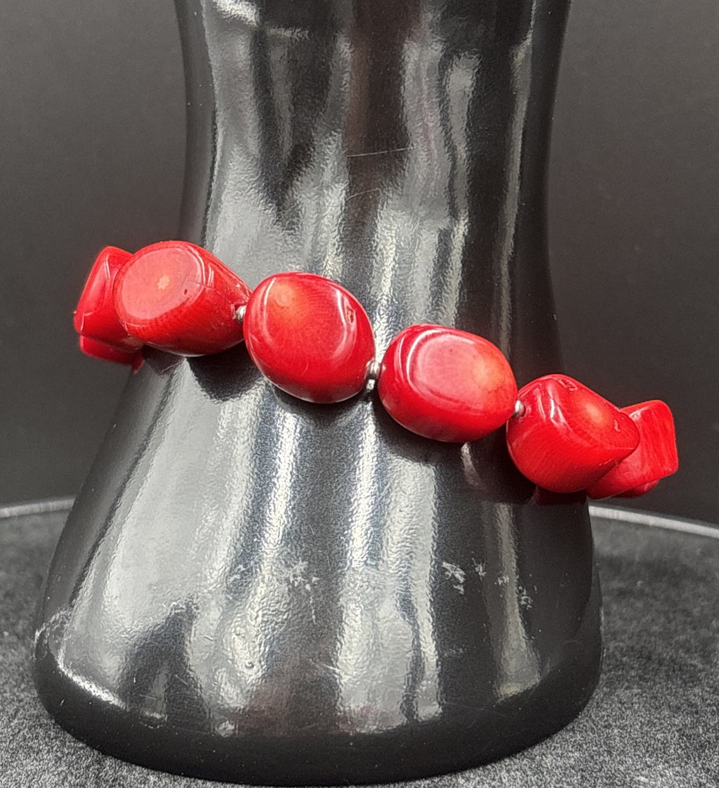 Kagi Red Bamboo Coral Silver Bracelet With A Silver Love Heart Charm