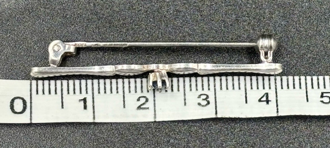 German Antique 925 Silver Bar Brooch AD Signed Blue Sapphire