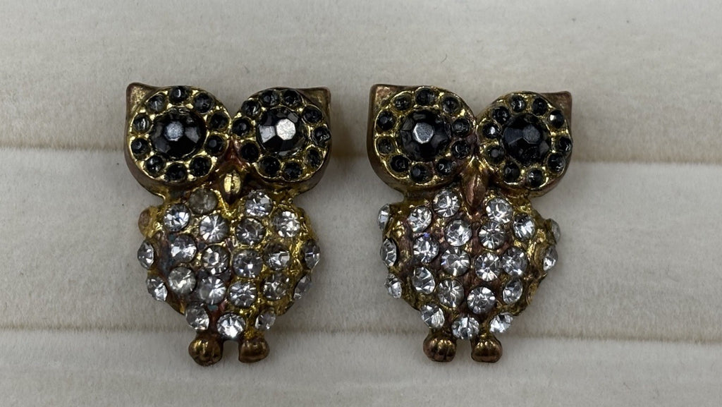 Vintage Owl Stud Earrings Rhinestone Studs Gold Tone