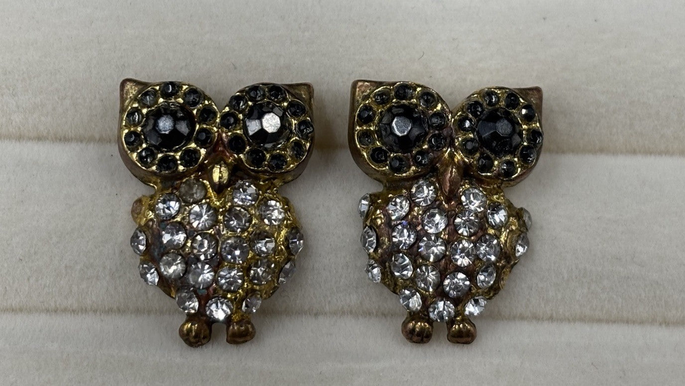 Vintage Owl Stud Earrings Rhinestone Studs Gold Tone
