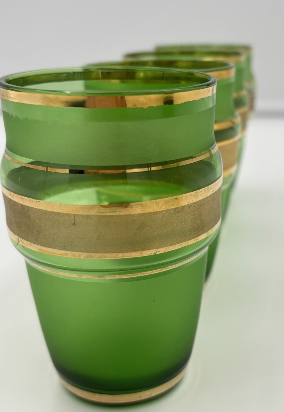 Vintage 1950s Bohemian Green Glass Pitcher & Tumbler Set Gold Fruit Band 5pc