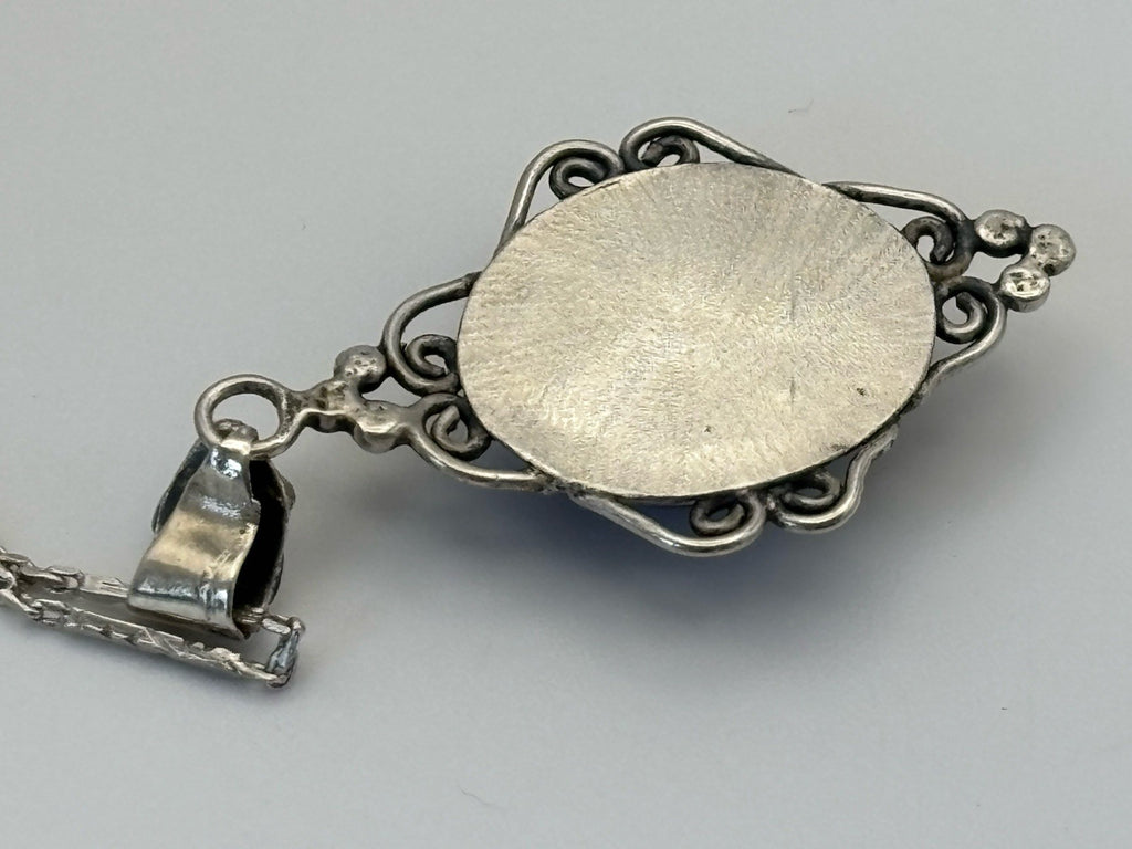 Vintage Sterling Silver Pendant Necklace Black Onyx Cabochon Ornate 28cm