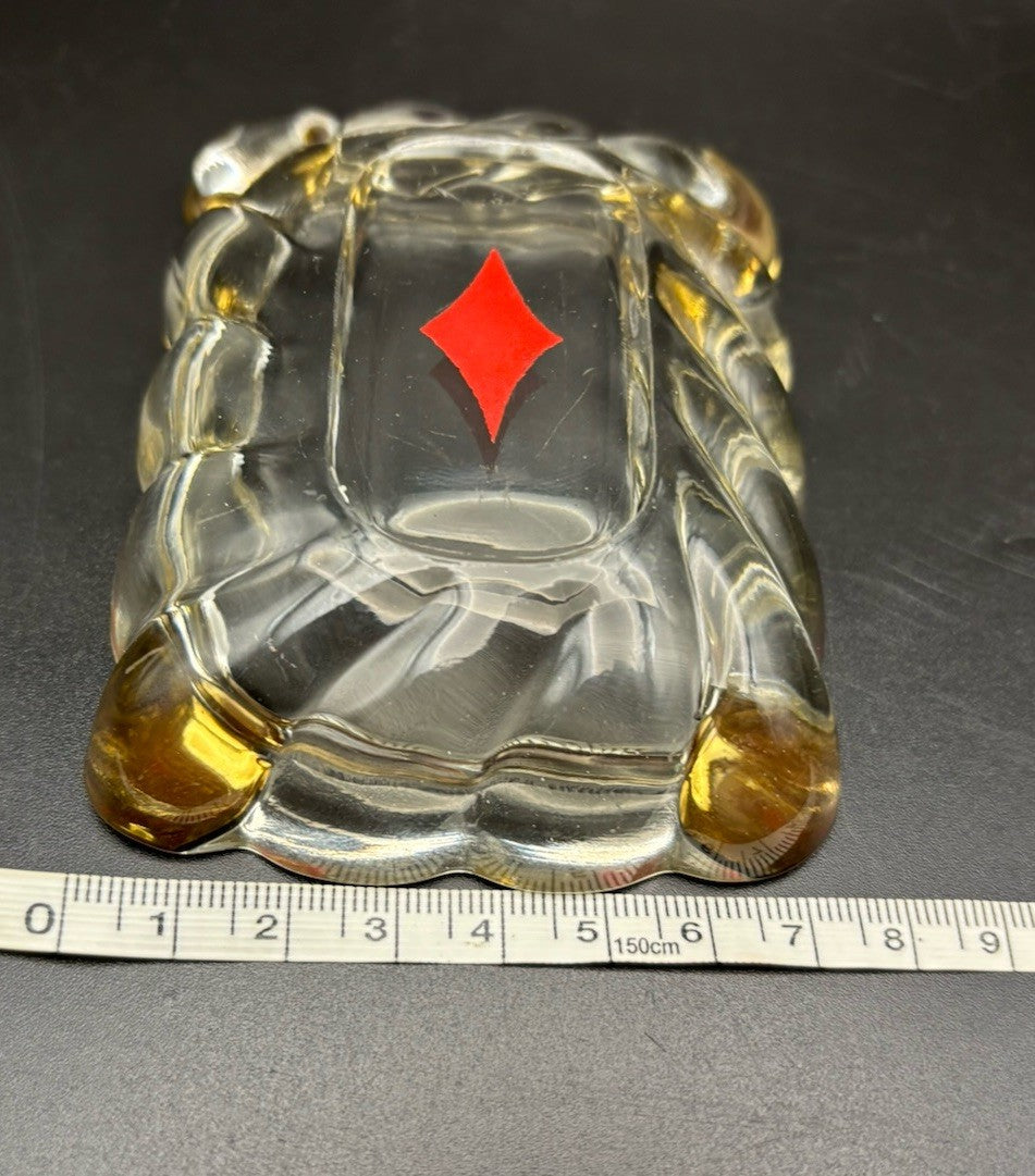 Mid Century Glass Ashtray Gold Tone Corners Red Diamond Trinket Dish