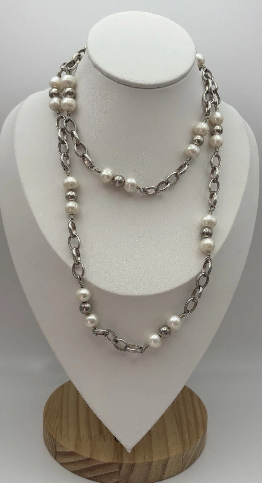 Vintage 925 Sterling Silver 10mm Freshwater Pearl Station Necklace 88cm