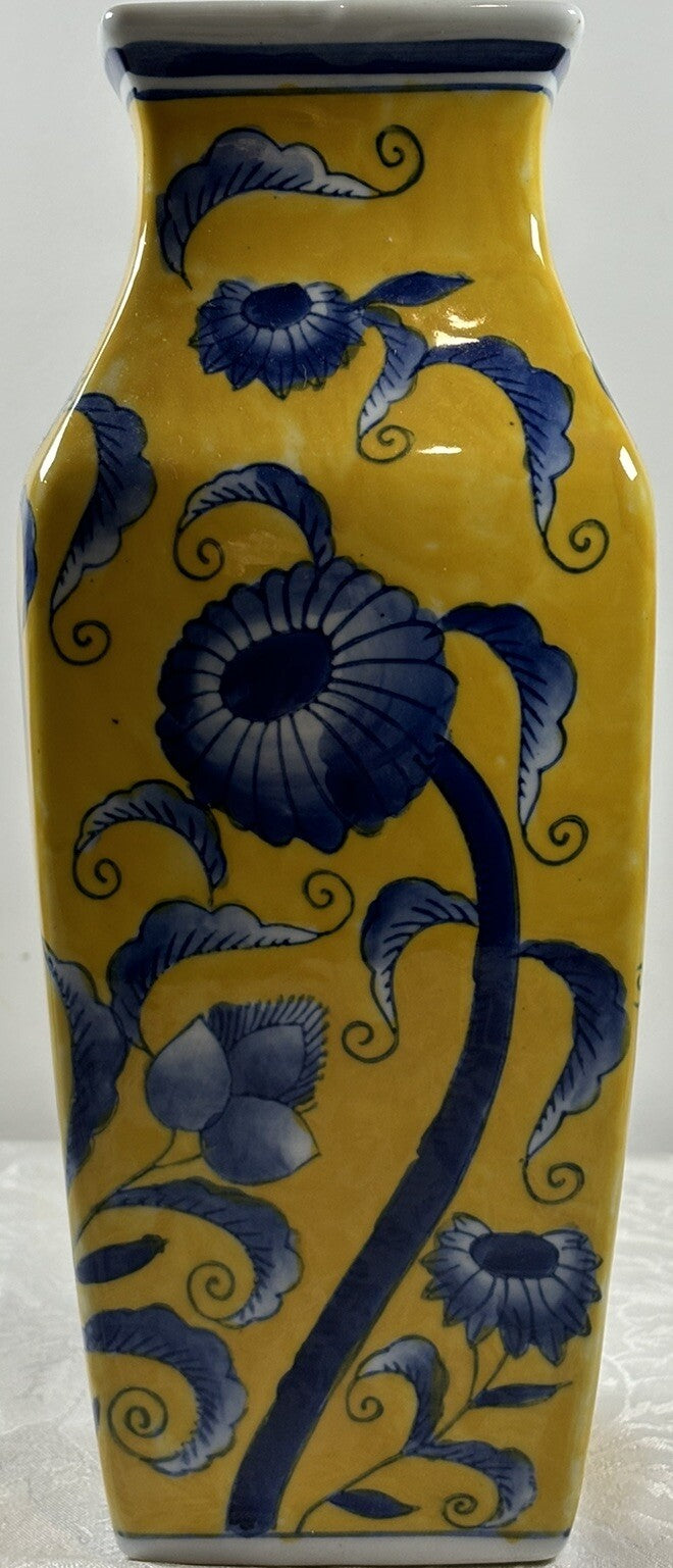 Hand Painted Chinese Porcelain Vase Square Shape – Blue Floral on Yellow Glaze