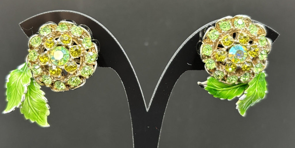 Vintage Green Rhinestone Flower Clip On Earrings Enamel Leaves Mid Century