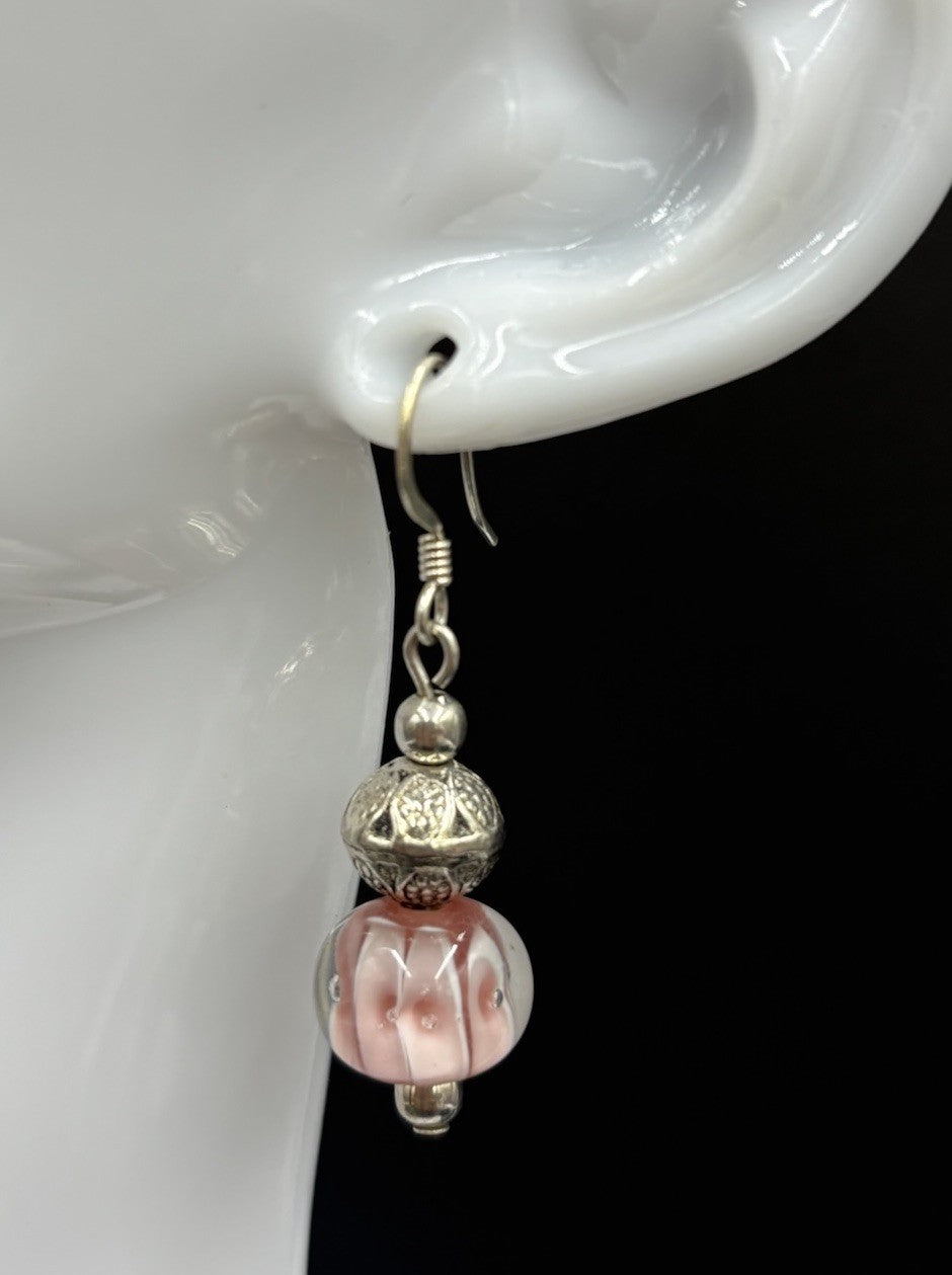 Vintage Pink Lampwork Glass Earrings Silver Tone Filigree Bead Drop