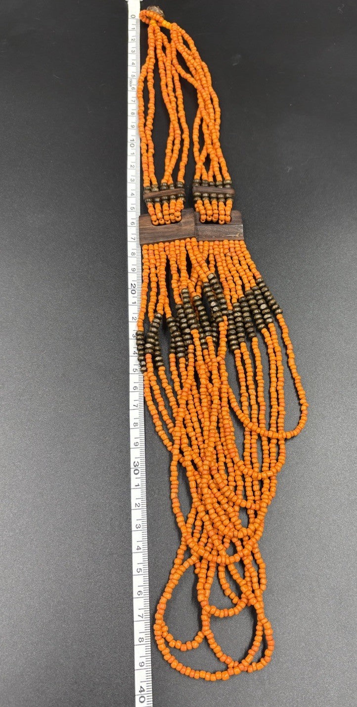 Vintage Tribal Orange Beaded Multi-Strand Necklace Wood Clasp Boho Ethnic