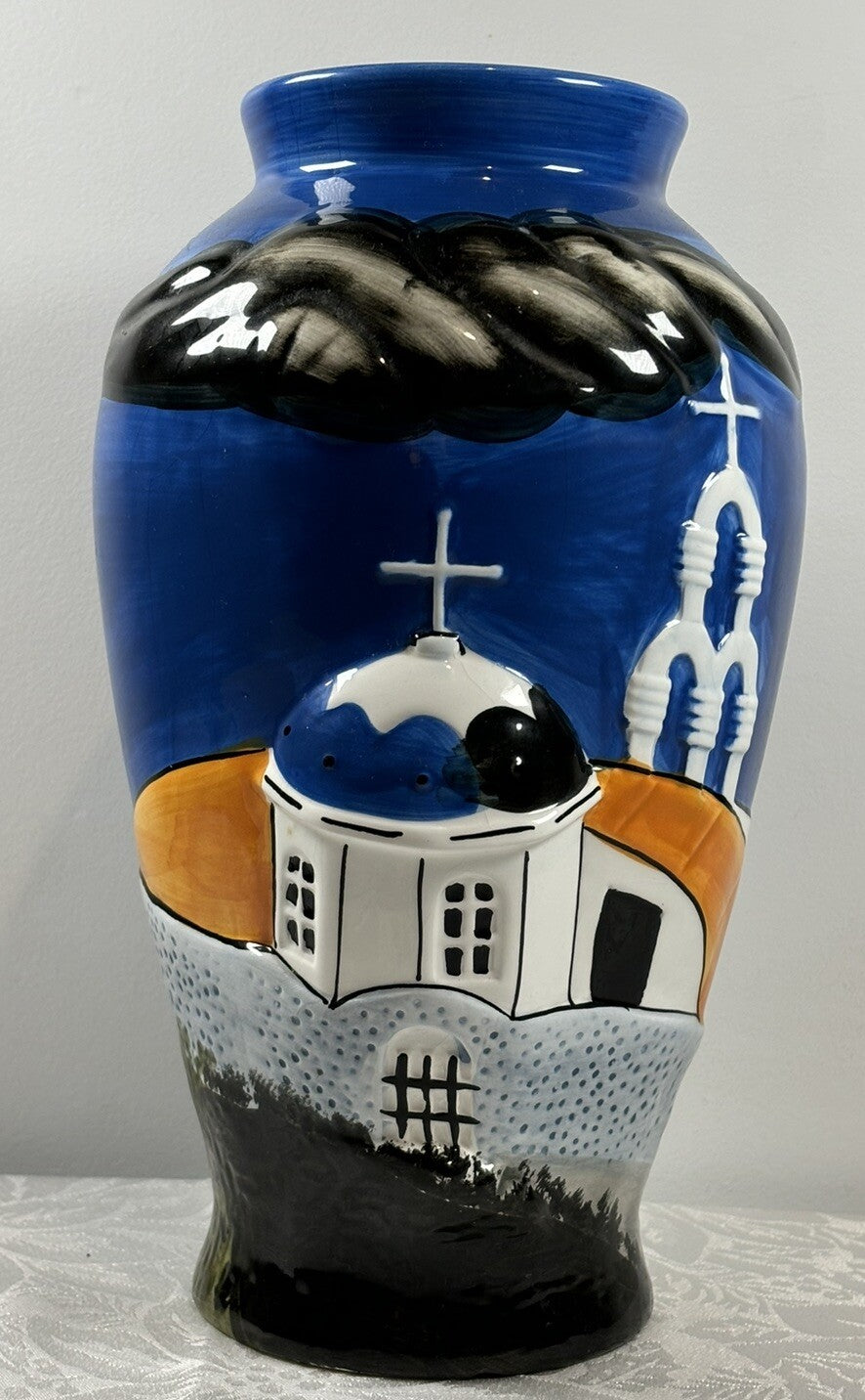 Vintage Greek Hand Painted Vase Santorini Church Scene Hellas Pottery