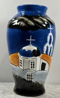 Vintage Greek Hand Painted Vase Santorini Church Scene Hellas Pottery