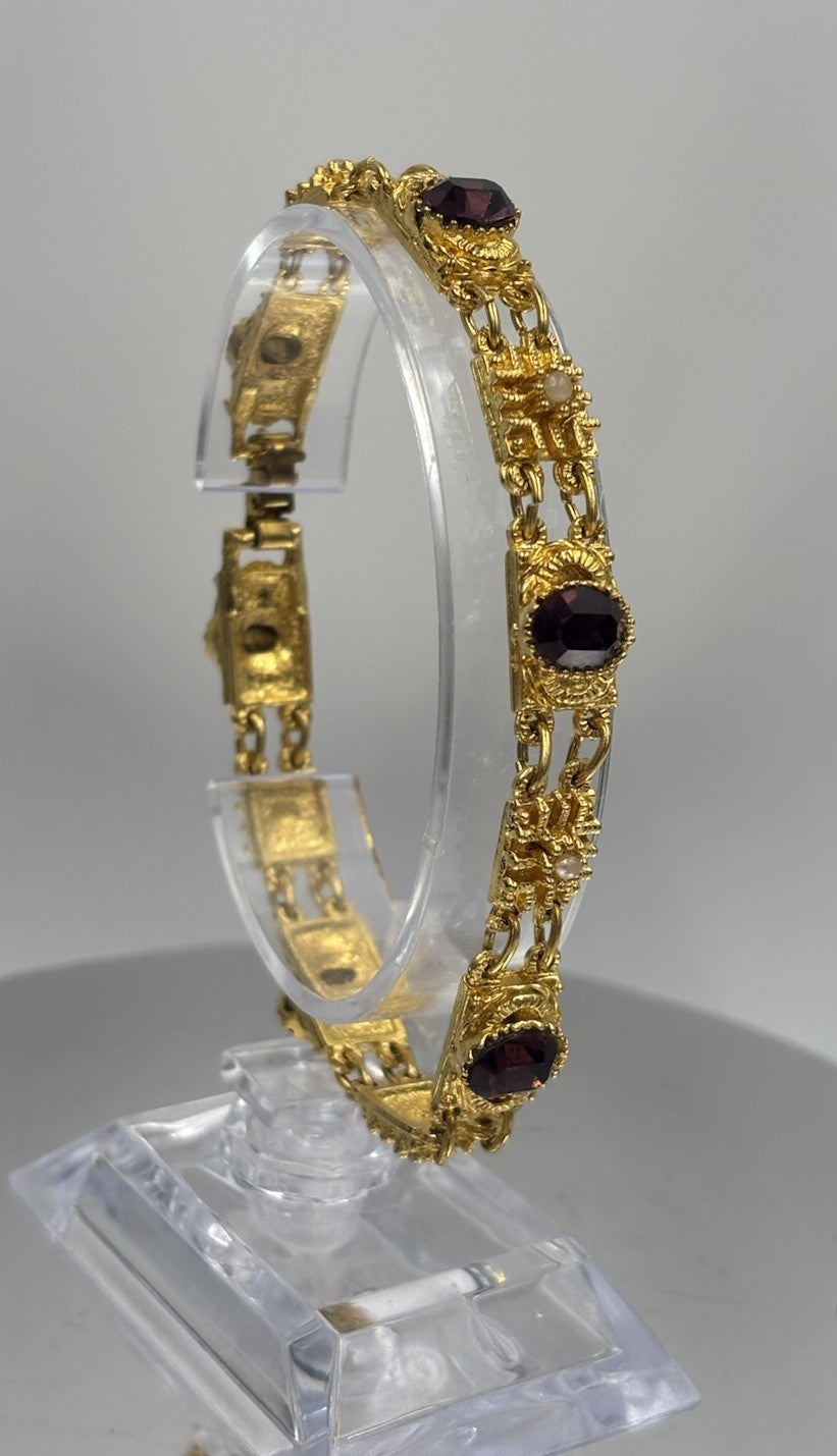 Vintage Gold Tone Panel Bracelet Garnet Style Stones Artisan 19cm
