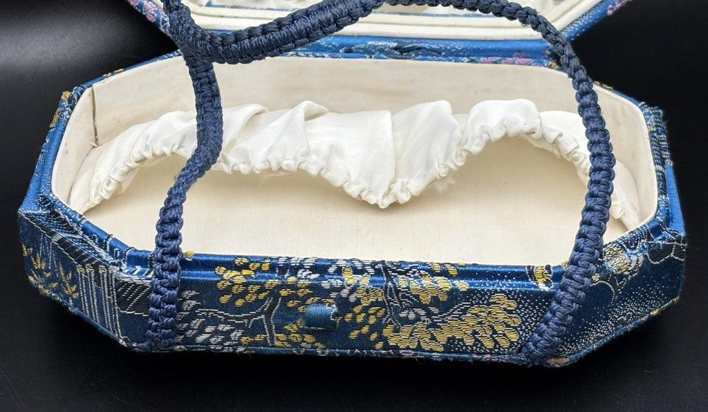 Vintage Chinese Silk Brocade Vanity Box Purse Mirror Case Scenic Motif Blue