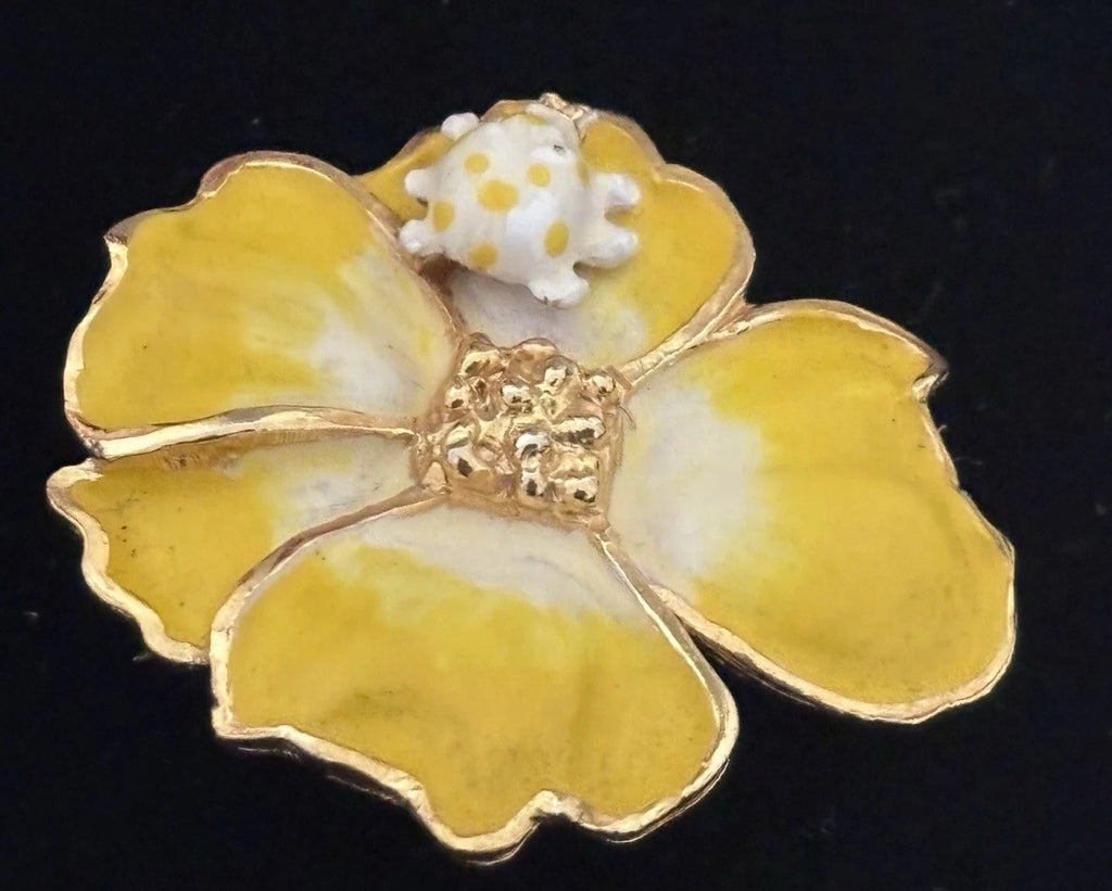 Kenneth Jay Lane KJL Rare Ladybug Pansy Brooch 22K Gold Enamel Signed