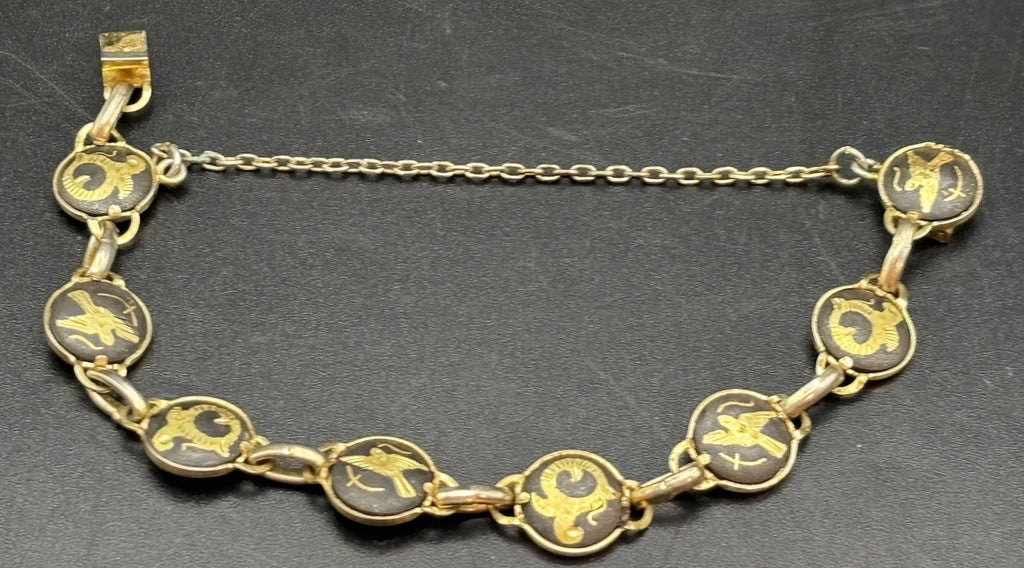 Vintage Toledo Damascene Inlay Zodiac Motif Link Bracelet Spain 16cm