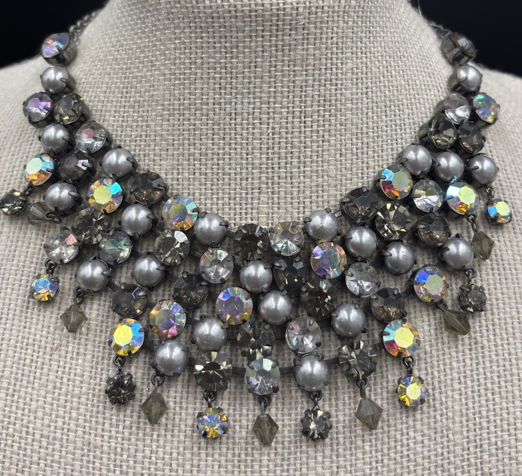 Butler and Wilson Grey Pearl Aurora Borealis Crystal Choker Necklace Statement