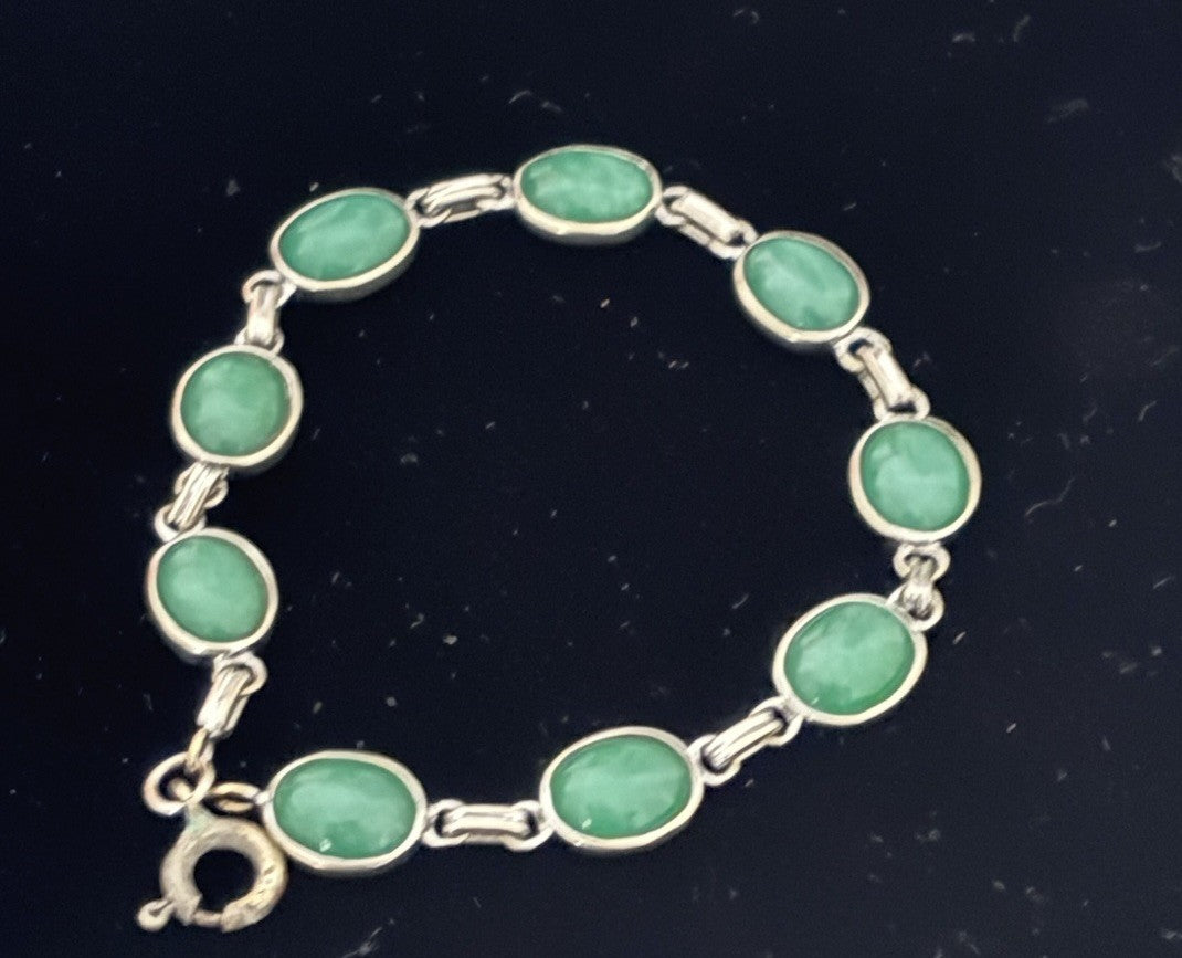 Vintage 10K White Gold Jade Cabochon Link Bracelet Natural Green