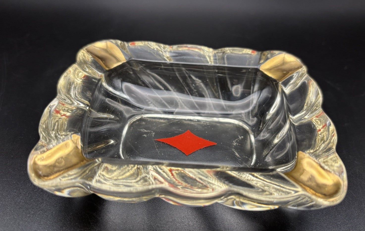 Mid Century Glass Ashtray Gold Tone Corners Red Diamond Trinket Dish