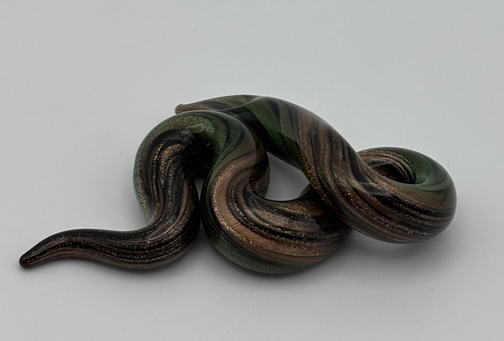 Murano Style Art Glass Snake Figurine Green Bronze Aventurine Swirl Collectible