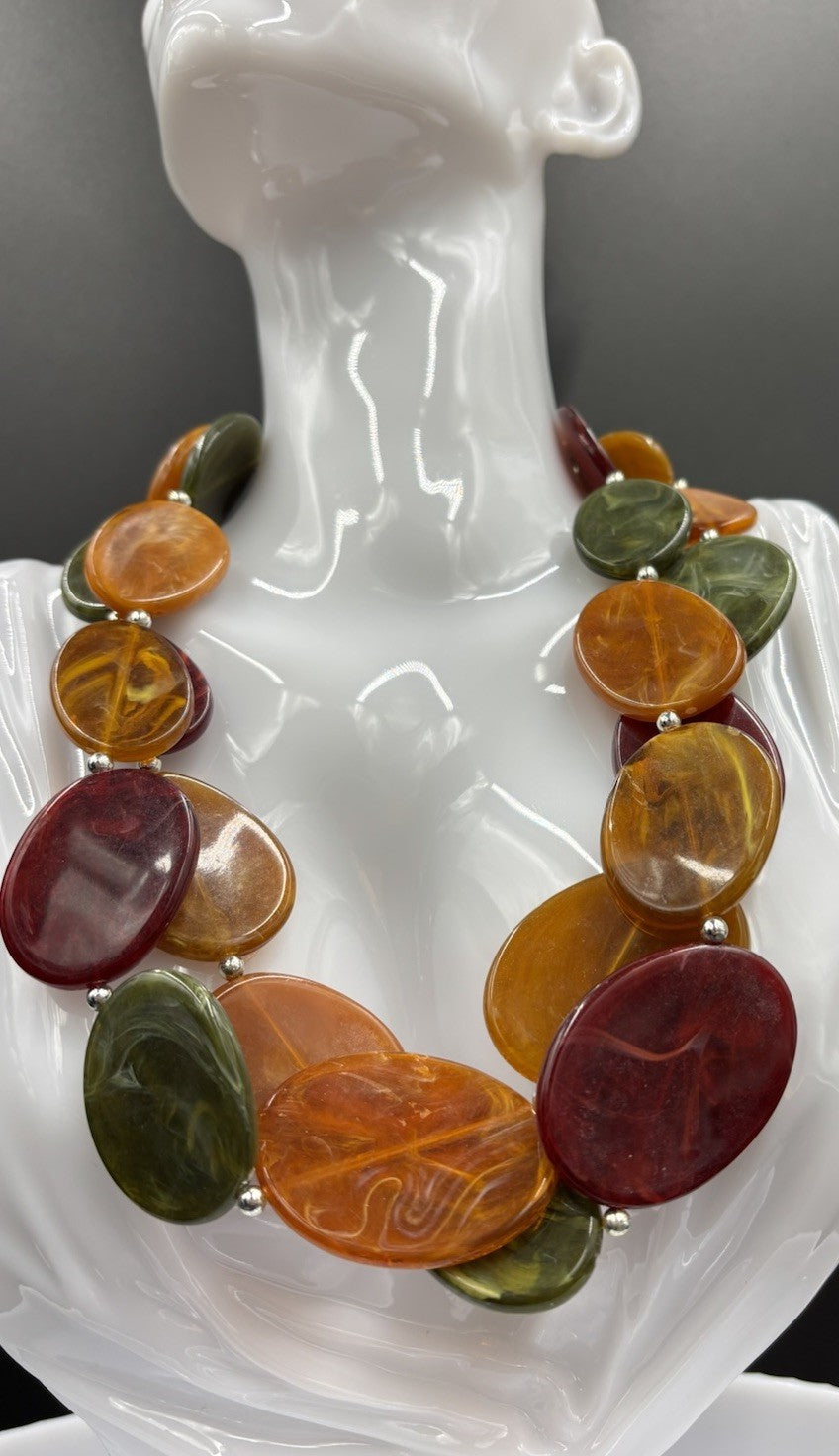 Vintage Chunky Marbled Resin Bead Necklace Green Amber Red Swirl Statement