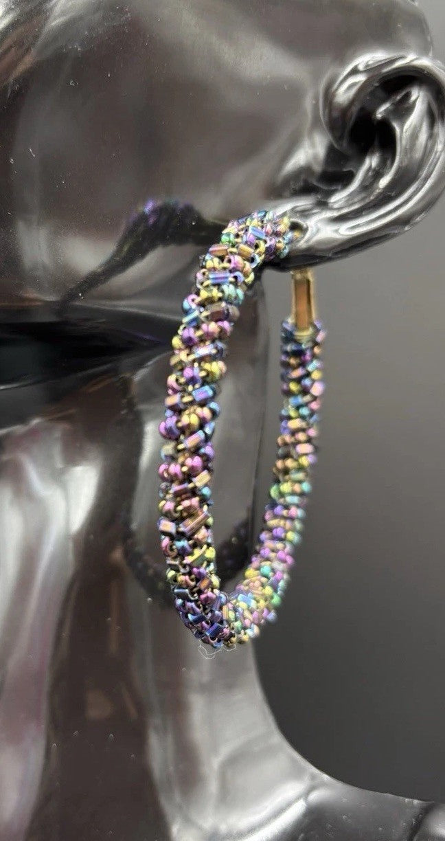 Vtg Earrings Kumihimo Beaded Peacock Earrings Large Multicoloured. ￼