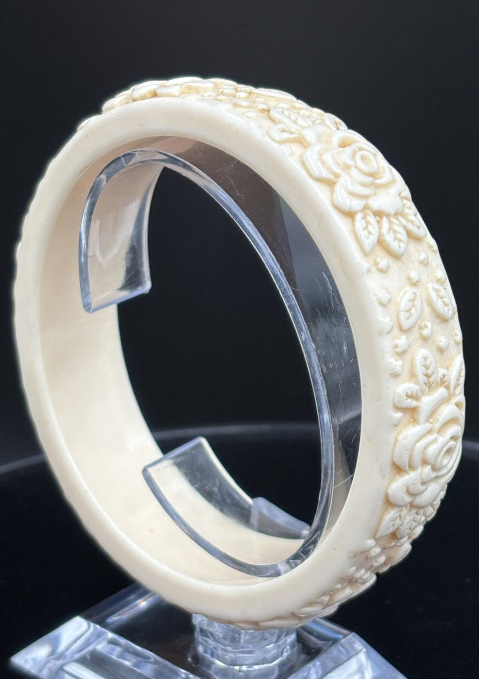Vintage Carved Floral Cream Tone Bangle Early Plastic Celluloid Era