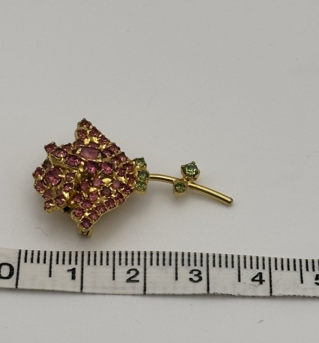 Vintage Bauer Brooch Pink Rhinestone Rose Flower Gold Tone Green Leaves