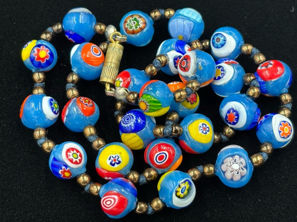 Vintage Murano Millefiori Glass Necklace Blue Beads Venetian 1950s Italy