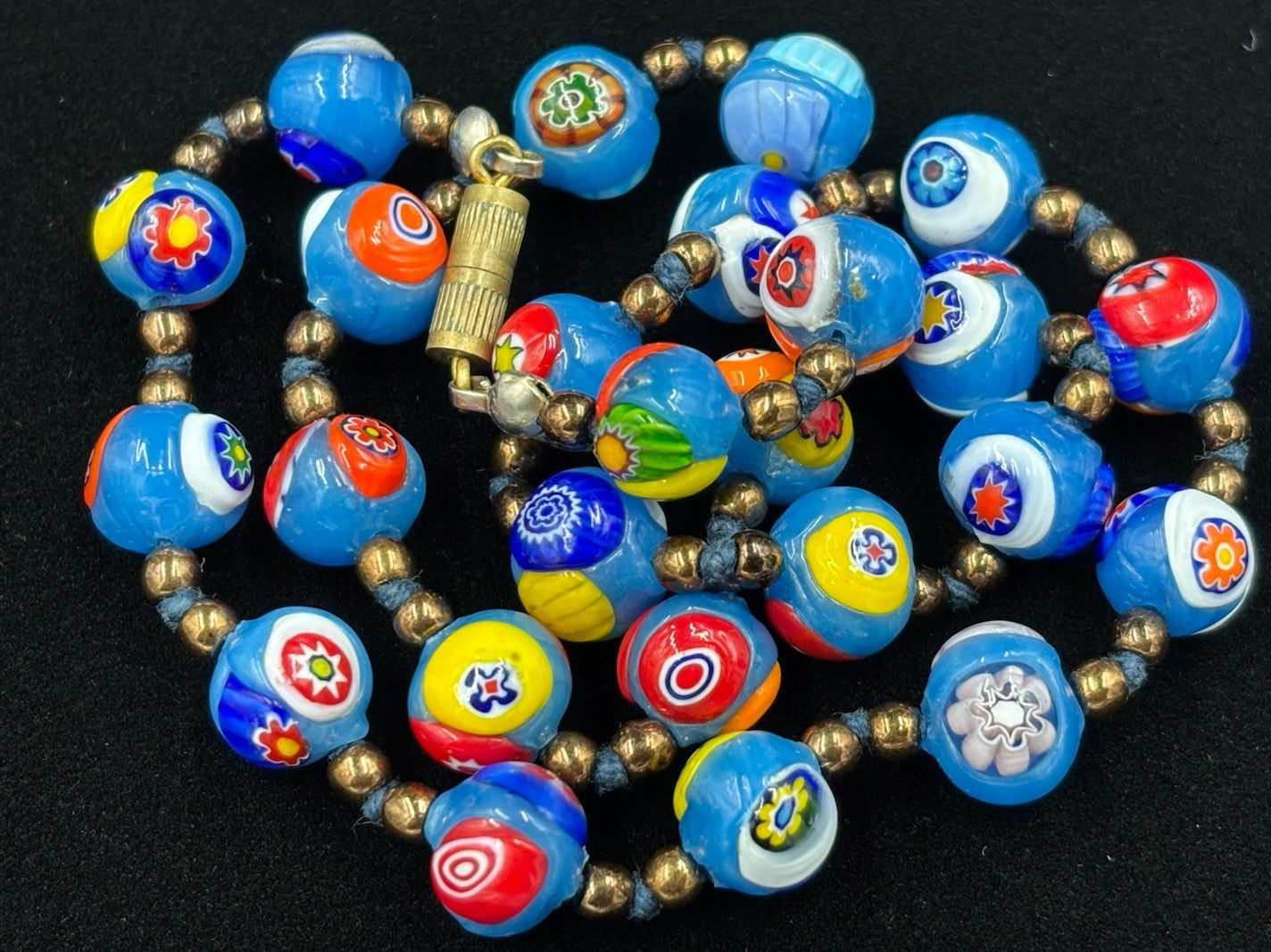 Vintage Murano Millefiori Glass Necklace Blue Beads Venetian 1950s Italy