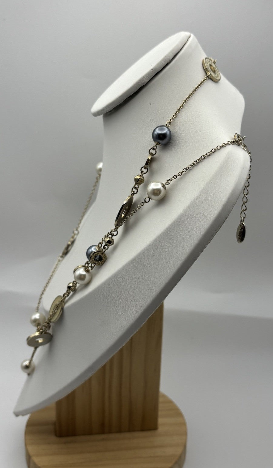 Long Station Necklace 120cm Gold Tone Enamel Disc Pearl Beads Adjustable