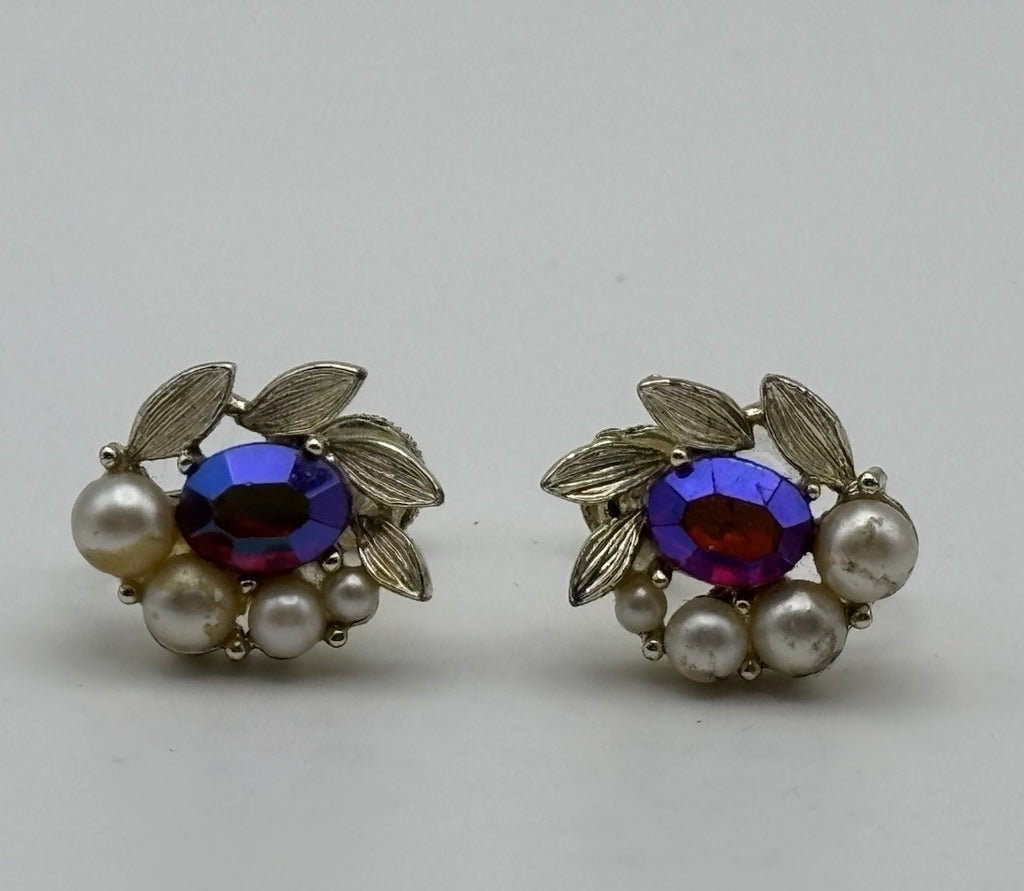 Vintage Lisner AB Rhinestone Faux Pearl Screw Back Earrings Gold Tone Floral