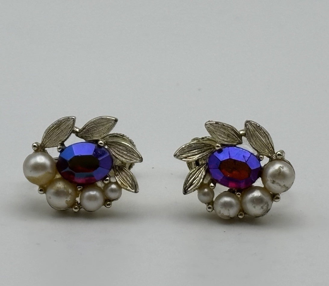 Vintage Lisner AB Rhinestone Faux Pearl Screw Back Earrings Gold Tone Floral