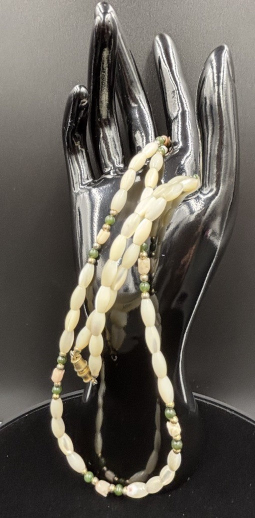 Vintage Necklace Natural Mother of Pearl Coral and Jade Beads