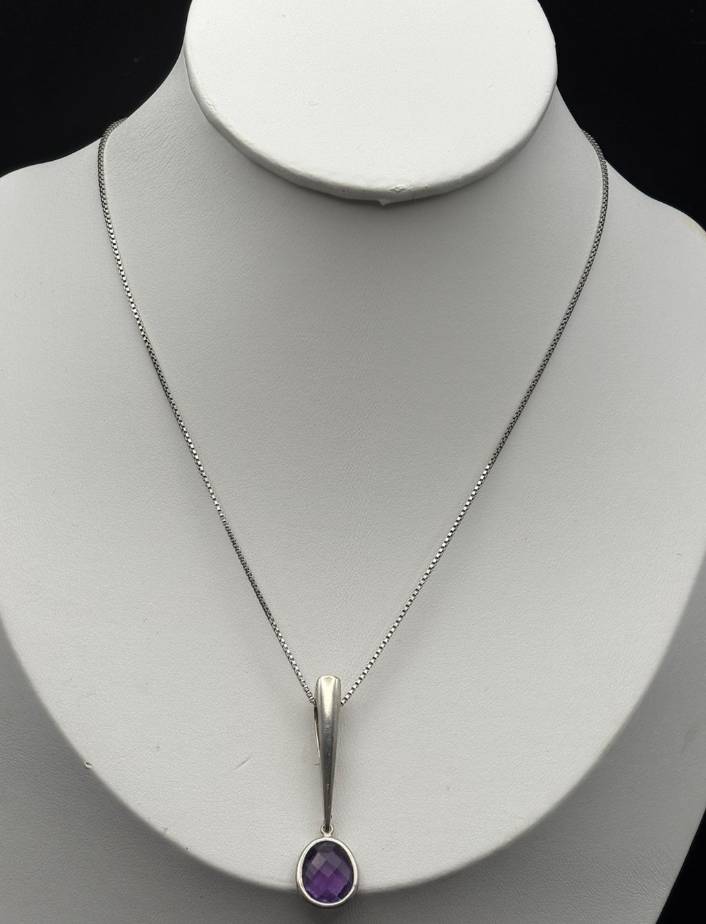 Genuine Amethyst Sterling Silver 925 Modernist Drop Pendant Necklace