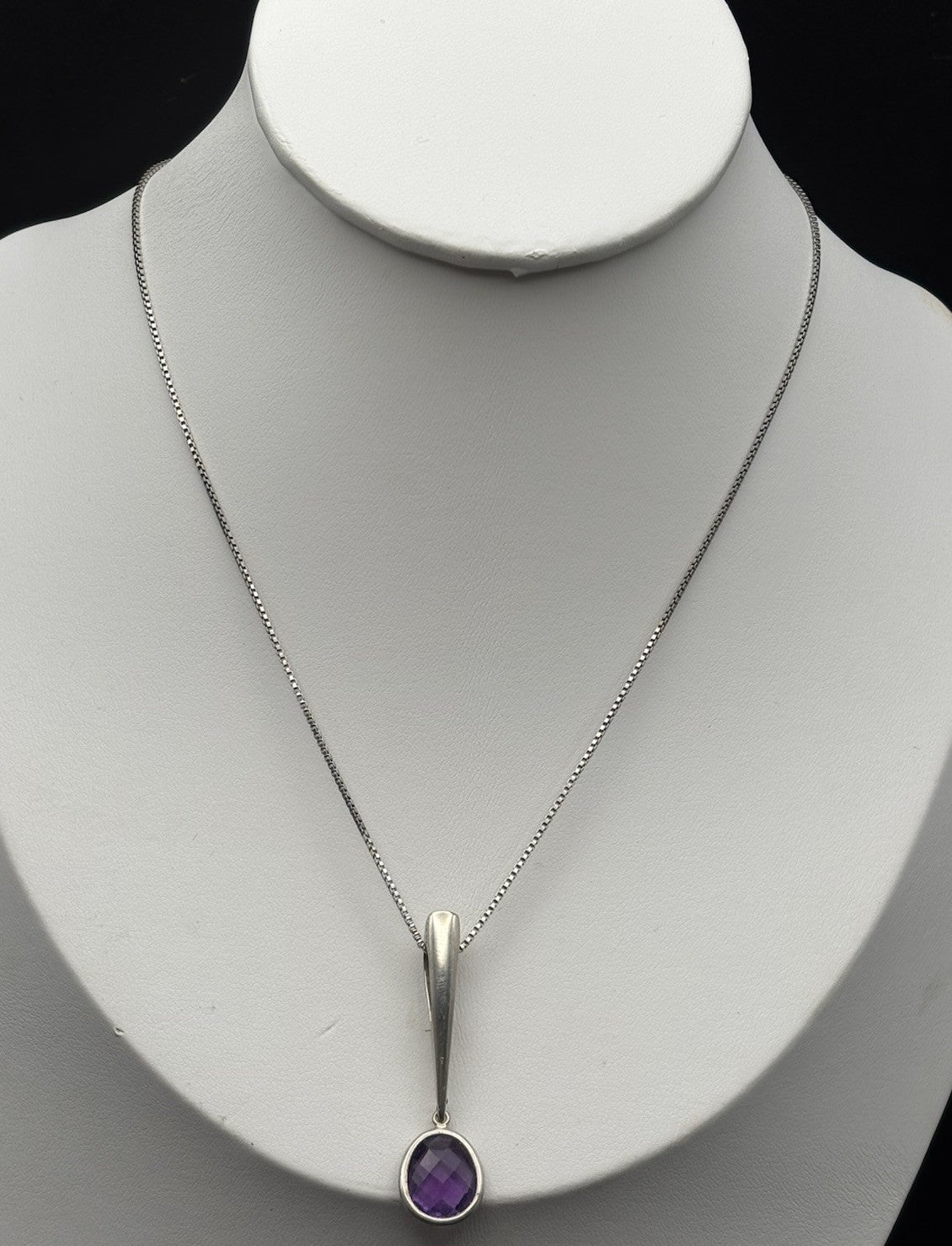 Genuine Amethyst Sterling Silver 925 Modernist Drop Pendant Necklace