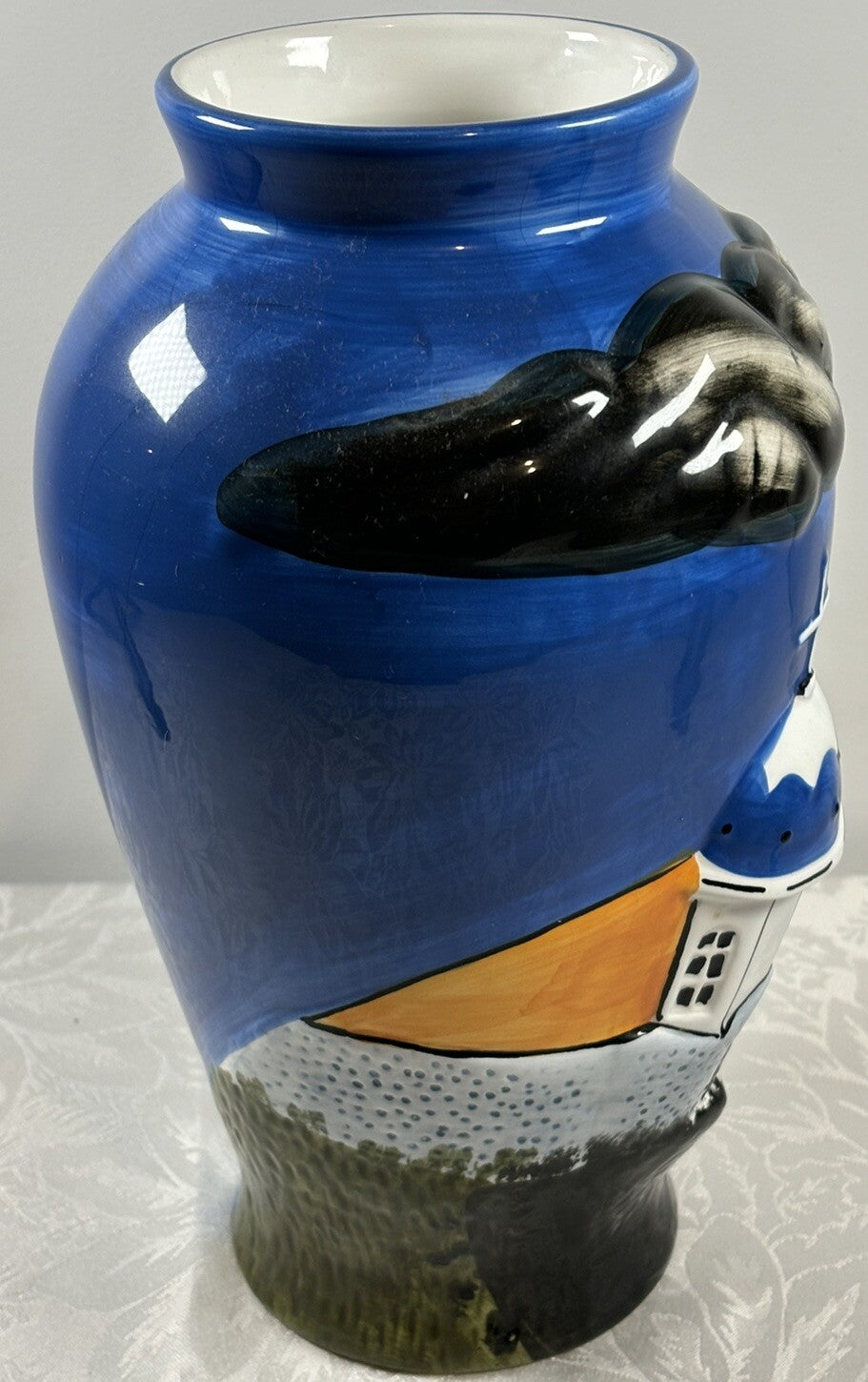 Vintage Greek Hand Painted Vase Santorini Church Scene Hellas Pottery