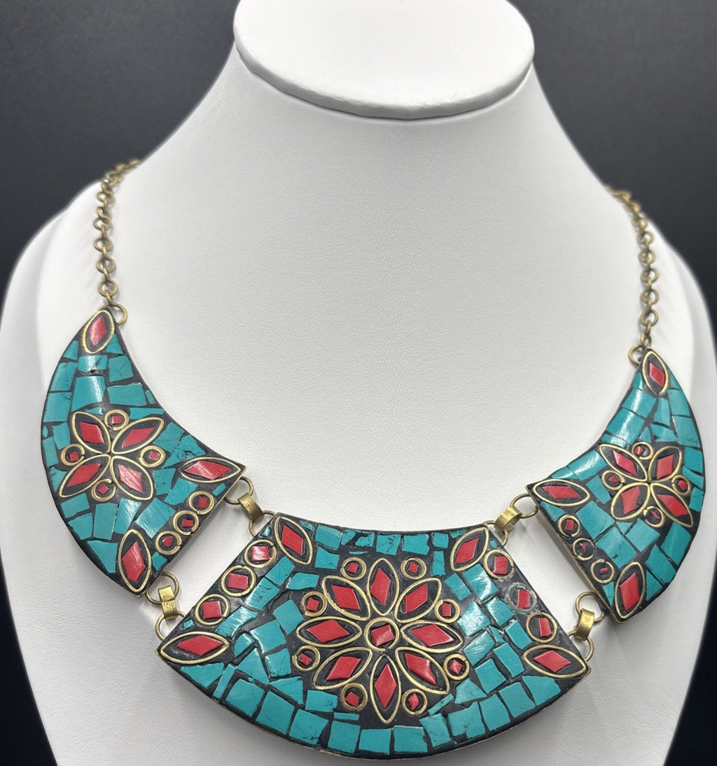 Vintage Mosaic Bib Necklace – Turquoise & Red Inlay, Nepalese/Tibetan Style