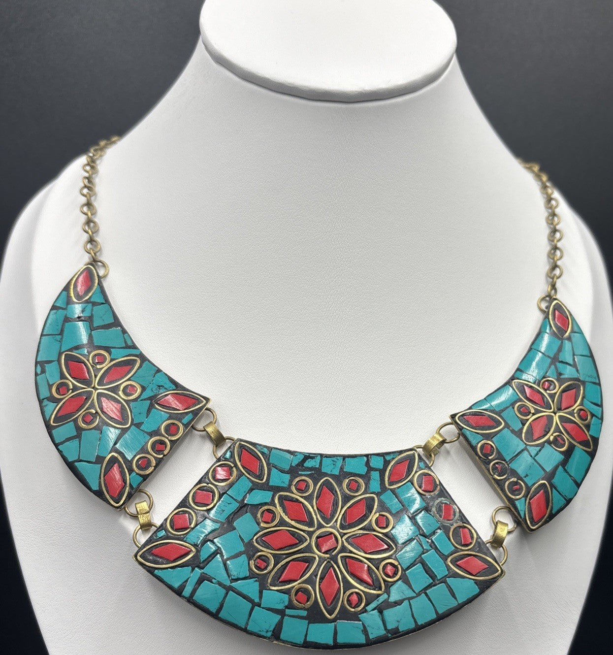 Vintage Mosaic Bib Necklace – Turquoise & Red Inlay, Nepalese/Tibetan Style