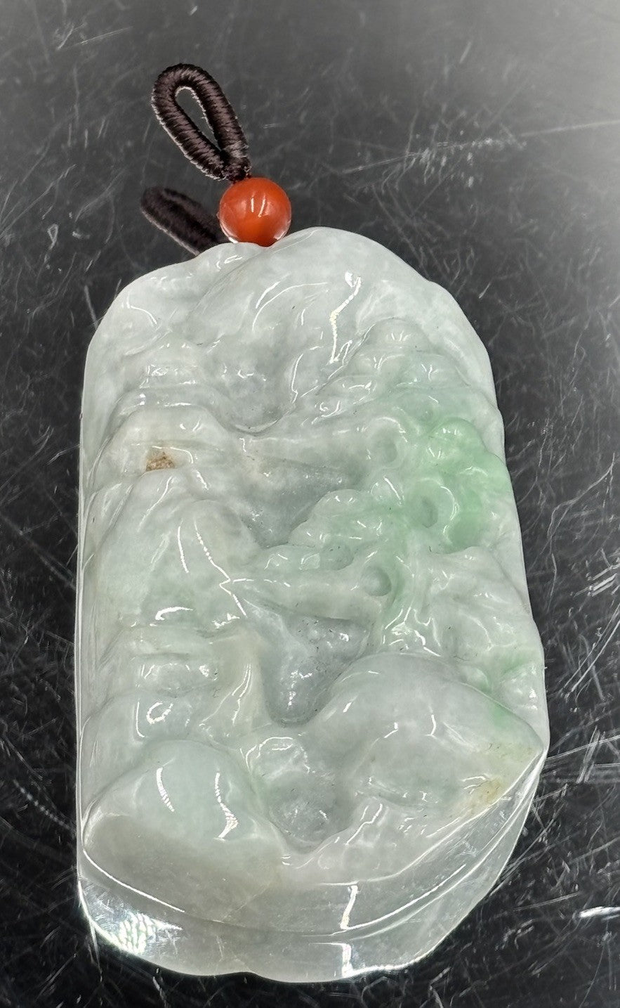 Natural Jadeite Jade Pendant Translucent Apple Green Landscape Carving 43g